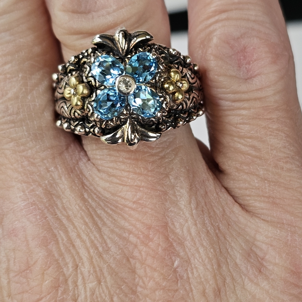 Genuine Barbara Bixby Blue Topaz Ring Sterling Silver & 18k Size 6.5 - Picture 9 of 12